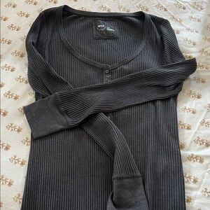 aerie Black Ribbed Scoop-Neck Long Sleeve Top